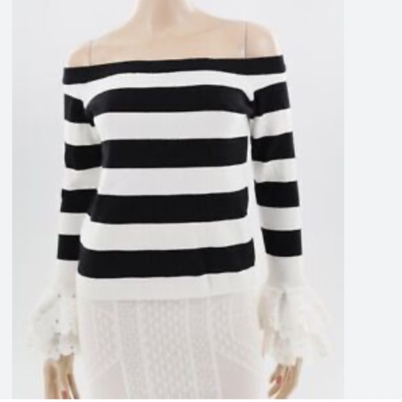 NWT Flutter Sleeve L English Factory Off Shoulder Striped Sweater Boston Proper - Picture 1 of 8